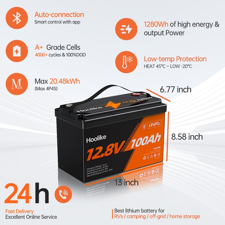 HOOLIKE 12.8V 100Ah Bluetooth-Enabled Lithium Iron Phosphate (LiFePO4) Battery