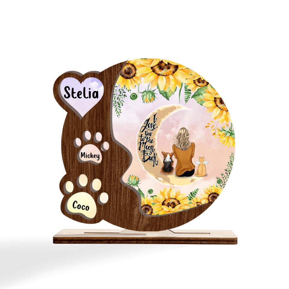 Custom Personalized Pet Mom Sunflower Wooden Plaque With Upto 4 Pets - Gift Idea For Dog/ Cat Lover - I Love You To The Moon And Back