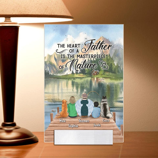 Custom Personalized Father Fishing Acrylic Plaque - Gift Idea For Father/ Fishing Lover - Father With Up to 2 Kids And 2 Pets - The Heart Of A Father Is The Masterpiece Of Nature