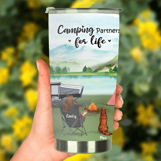 Custom Personalized Camping Tumbler Gift For Whole Family, Camping Lovers - Single Parent/ Couple/ Parents With Upto 3 Children - 3 Pets  - Camping Partners For Life